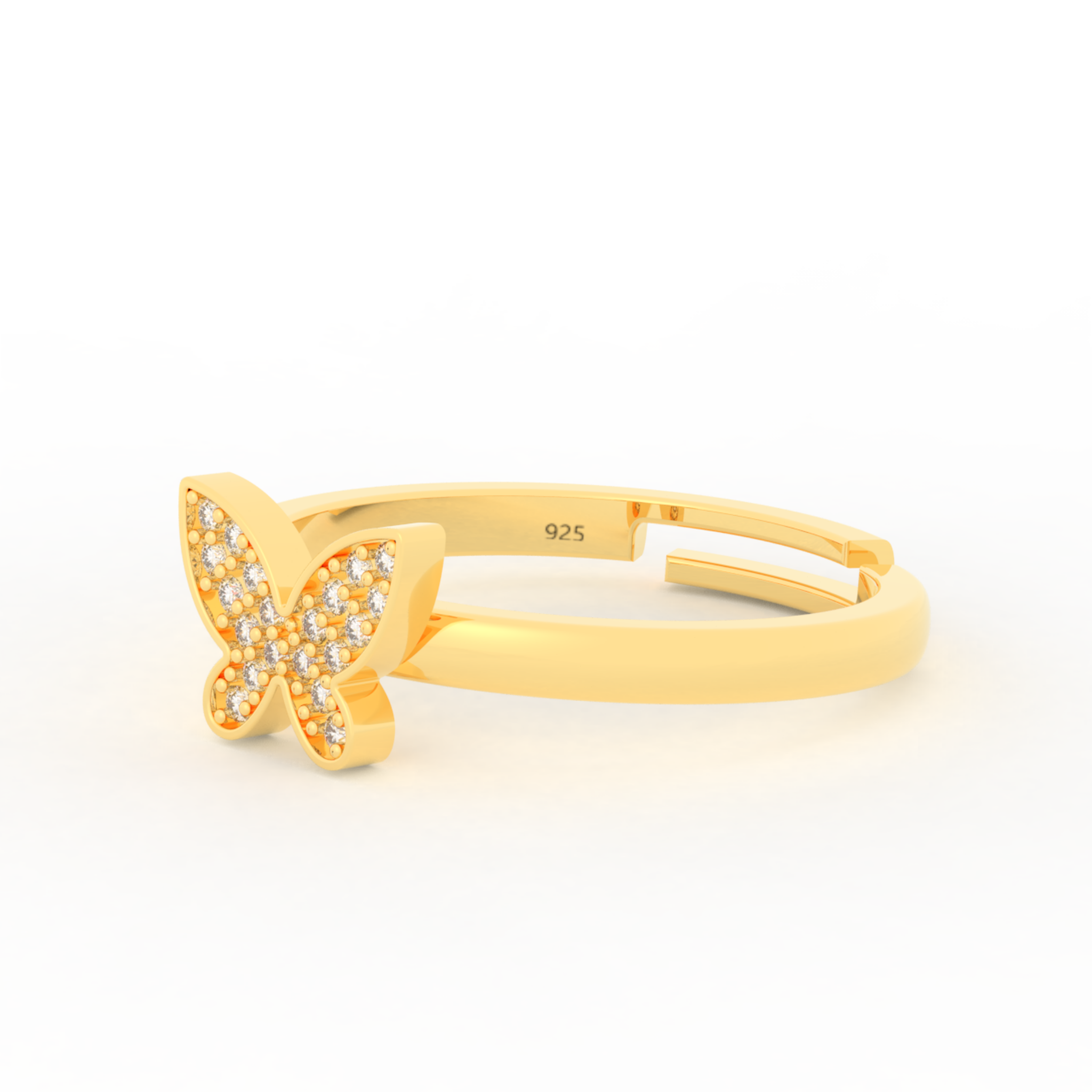 Shimmery Butterfly Cute Ring- Hallmarked 925 Sterling Silver Yellow Gold